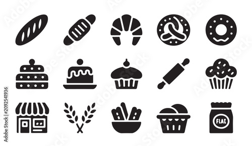 Obraz na plátně Collection of bakery and bread related vector icons including pastry wheat and supplies