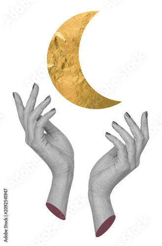 Surreal art collage with human hands reaching toward golden crescent moon on transparent background. Mystery, intuition, spirituality, dreams and feminine energy