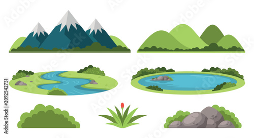 Quadro su tela Landscape collection featuring mountains river lake and vegetation illustrations