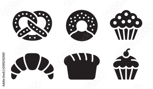 Quadro su tela Set of six black silhouette icons featuring various baked goods for bakery and cafe themes