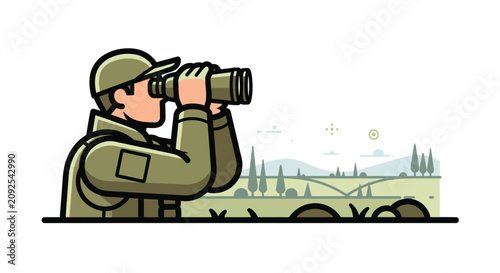 Fotografie A side view illustration of a person with binoculars observing a landscape vecto