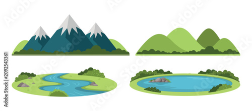 Photos Mountain and hillside landscape vector illustration with terrain and water featu