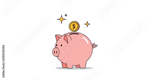 Cute pink piggy bank with a gold dollar coin being deposited into the top slot representing personal savings and financial planning goals.