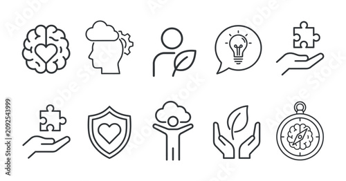Photos Line Icons Featuring Brain Person Shield And Bulb Illustrations