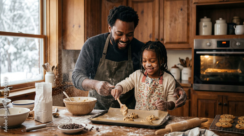 Black father and daughter baking warm chocolate cookies together on a cold afternoon