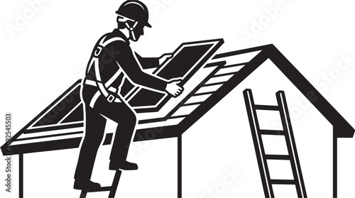 Construction worker installing solar panels on a residential roof silhouette vector illustration for home energy renovation