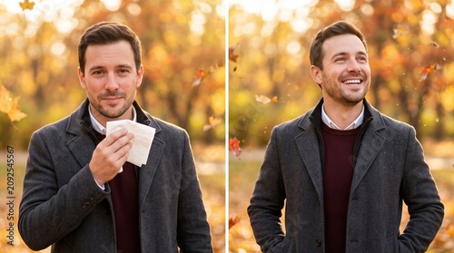Before After Split Screen Allergy showing a male comparing an unwell state with a healthy smiling portrait for pharmaceutical ads clinic banners or rhinitis treatment flyers