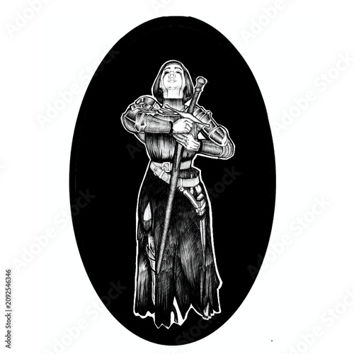 Принти на полотні Fantasy warrior knight with sword, detailed silhouette character on dark backgro