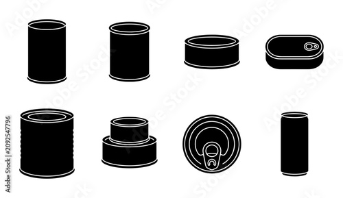 Canned Food Icons, Metal Container Silhouettes, Food Packaging Vector Graphics, Kitchen Storage Elements