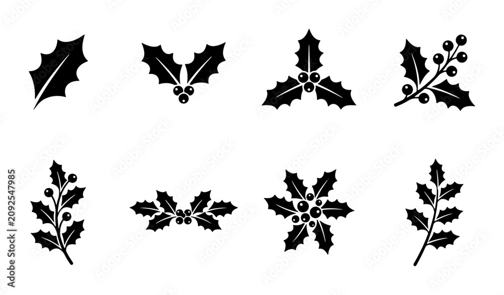 Fototapeta premium Christmas Holly Icons, Festive Vector Elements, Winter Holiday Decorative Sprigs, Black and White Graphics