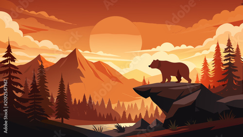 Bear silhouette walks on rocky cliff edge. Pine forest and mountain landscape during vibrant orange sunset. Wild nature scene with graphic grunge art style.