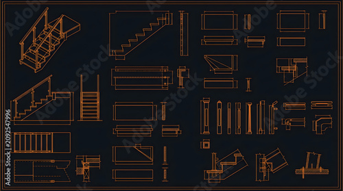 Modular Architectural Stair Components CAD Blueprint Vector Set Detailed AutoCAD Technical Drawing