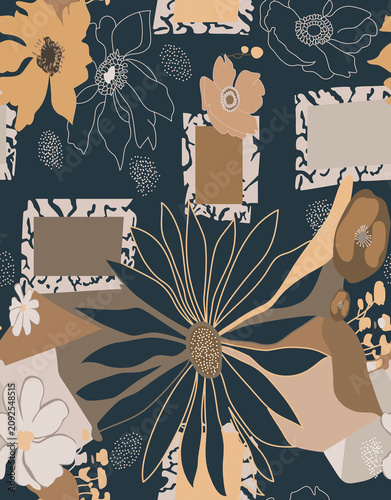 Cuadro en lienzo An asymmetrical layered arrangement where large flowers overlap geometric blocks and botanical line art, creating depth and a collage-like appearance