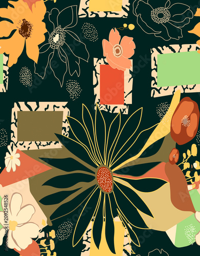 Quadro su tela An asymmetrical layered arrangement where large flowers overlap geometric blocks and botanical line art, creating depth and a collage-like appearance