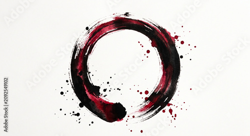 Traditional Japanese Zen Enso brush circle created with expressive black and red ink strokes on a clean white background