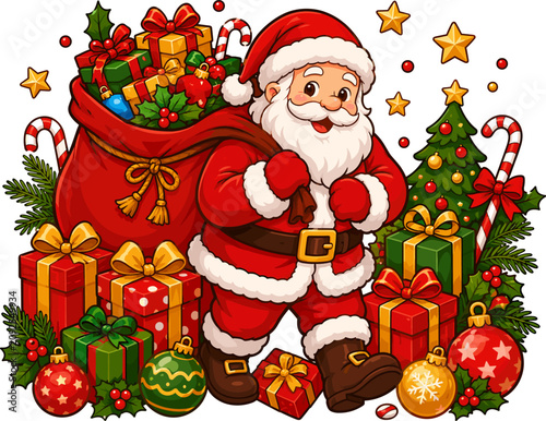 Santa Claus with Gifts and Christmas Tree in Festive Holiday Illustration
