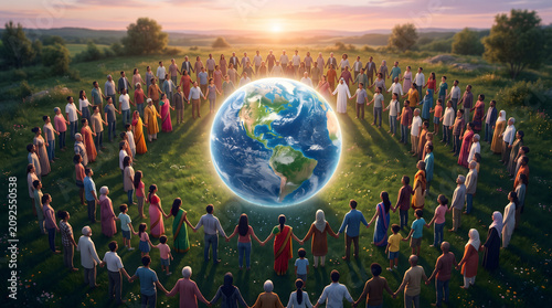 Diverse People Holding Hands Around Earth in Green Field Representing Global Unity Community and Environmental Sustainability Illustration