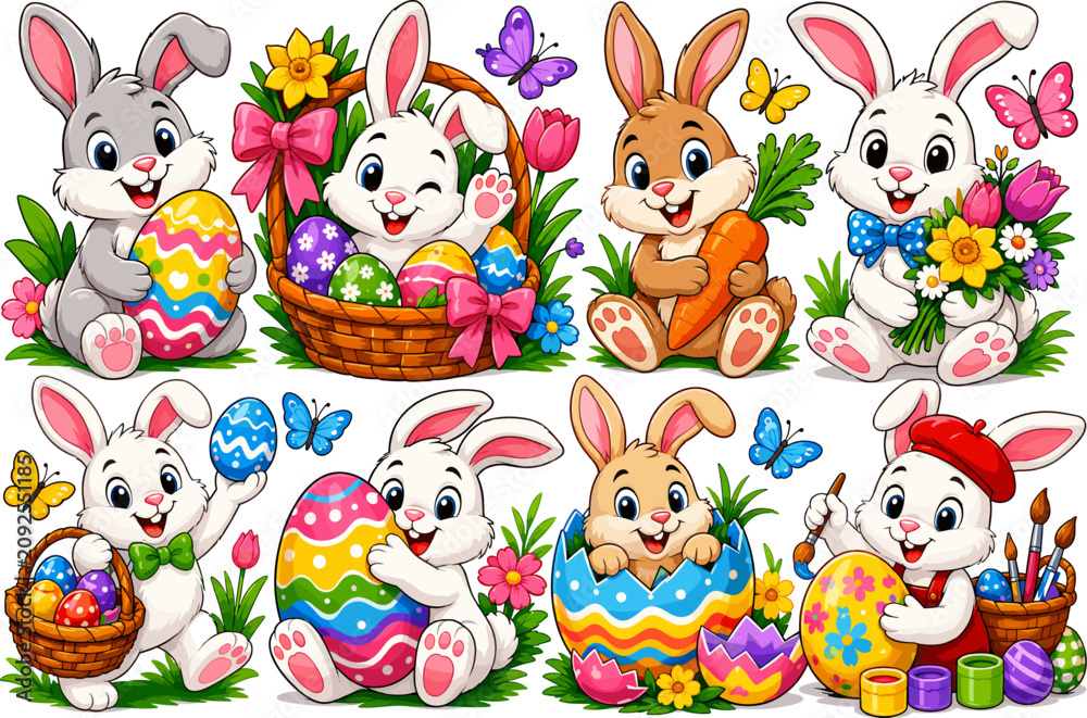 Naklejka premium Easter Bunnies Holding Colorful Eggs and Flowers in a Festive Spring Celebration Illustration Featuring Easter Bunnies Holding Colorful Eggs, Spring