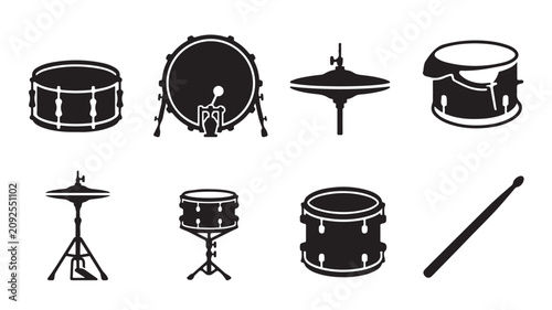 Drum set icons including snare drum, bass drum, cymbals and drumstick in black silhouette on white background