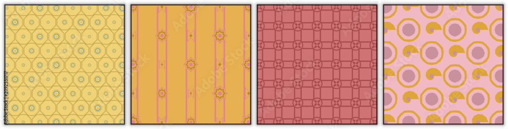 Fototapeta premium Contemporary aesthetic seamless pattern collection featuring abstract geometric compositions and vibrant decorative motifs. Perfect for textile, packaging, wallpaper, branding, stationery, print, and 