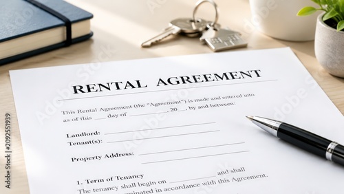 Close-up of a printed rental agreement document on a wooden desk beside a house shaped keychain with keys, a black pen, a bound notebook and a small green potted plant