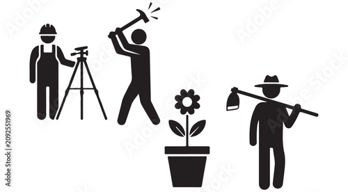 фотографія Manual labor profession icons including surveyor with tripod construction worker