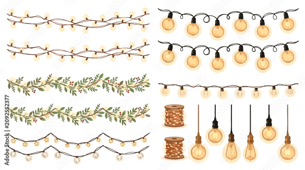 Fototapeta premium Vintage string lights and glowing Edison bulbs vector set, decorative hanging garden lamps, festive warm light garlands with botanical leaf elements