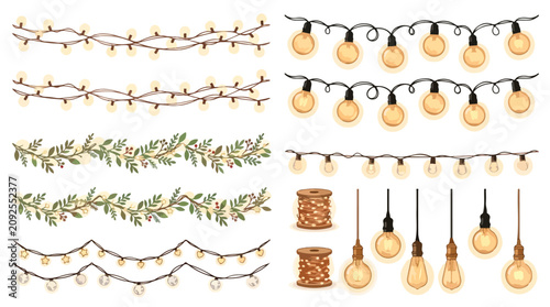 Vintage string lights and glowing Edison bulbs vector set, decorative hanging garden lamps, festive warm light garlands with botanical leaf elements