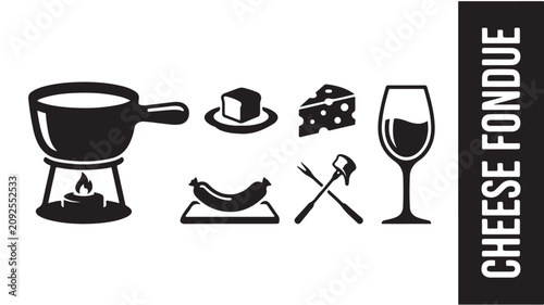 Cheese fondue set with wine glass, bread, cheese, and fruit on a plate for a social gathering