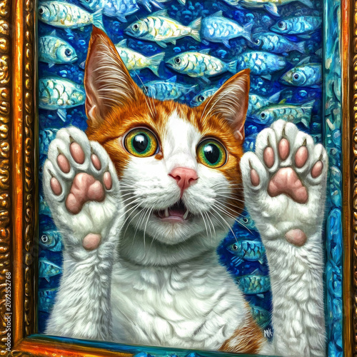 Playful cat pressing paws against glass with fish background