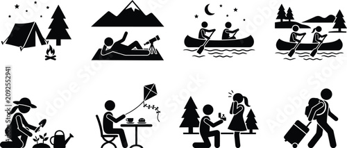 Foto Black silhouette camping and outdoor icons set