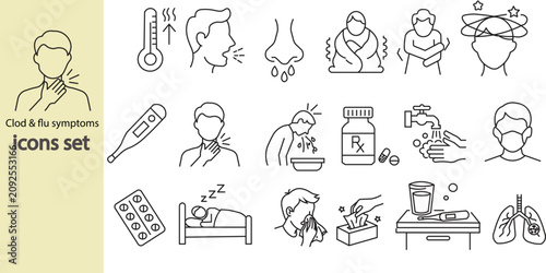 Fotografie Cold and flu symptoms line icon set