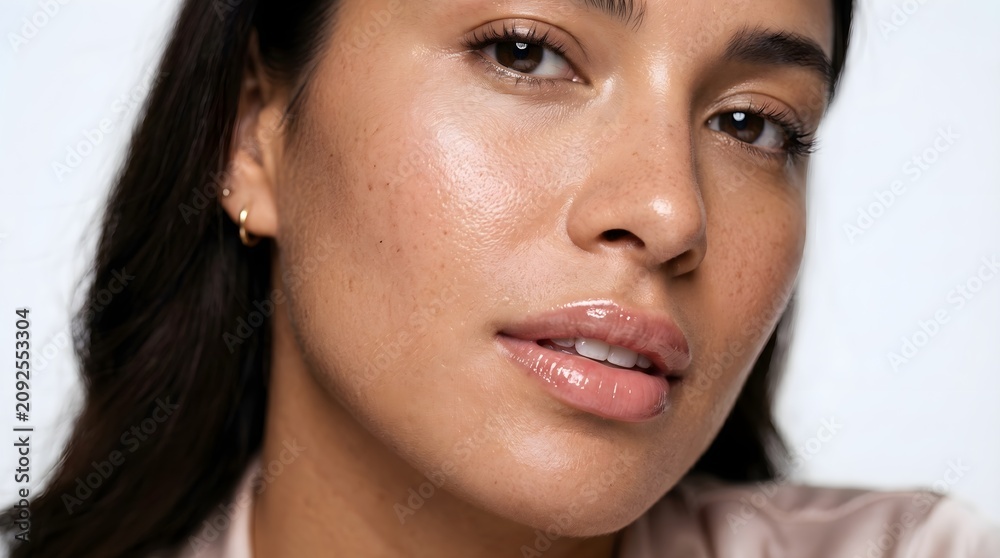 Fototapeta premium close up studio portrait of a beautiful tan woman with long dark hair looking at camera