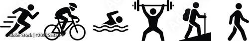 Triathlon icons set with running, cycling, swimming, weightlifting, hiking and walking