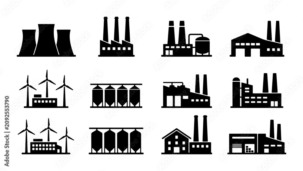 Fototapeta premium Industrial Factory Icons Set, Manufacturing Plant Silhouettes, Energy Production Buildings, Renewable Wind Turbines