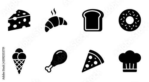 Canvastavla Food Icons Set: Cheese, Croissant, Toast, Donut, Ice Cream, Chicken, Pizza, Chef