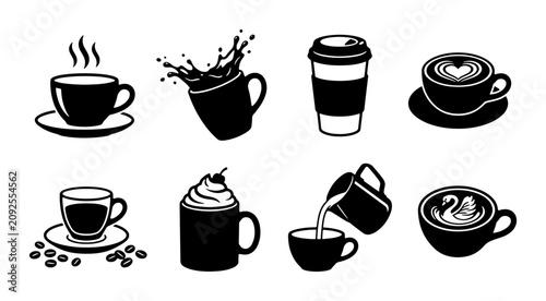 Obraz na płótnie Coffee Icons Set: Hot Drinks, Espresso, Latte Art, Takeaway Cups, Beans, Vector