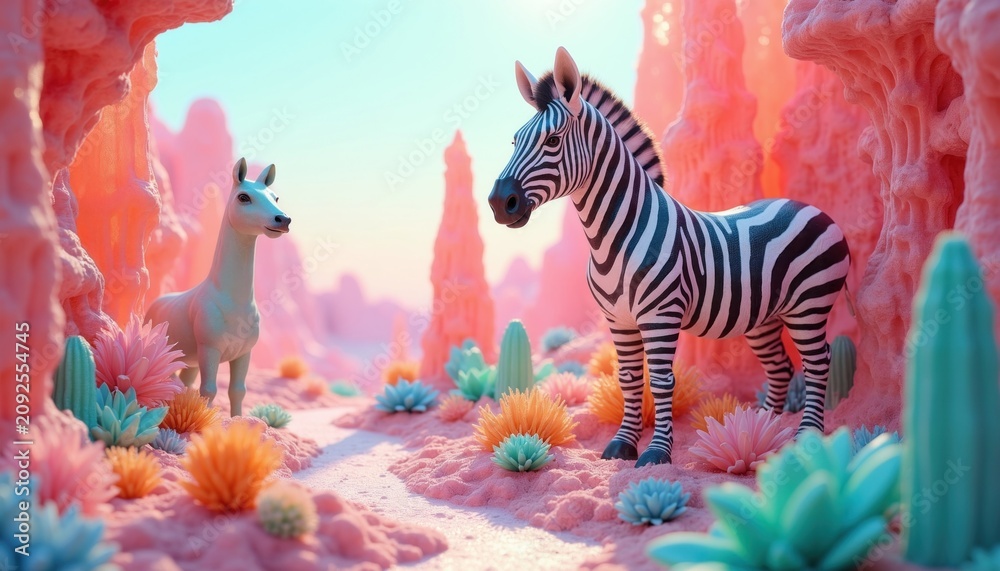 Fototapeta premium Zebra and llama stand in pastel alien desert with colorful surreal plants. Pink rock formations and blue sky create dreamlike atmosphere. Animals explore strange, vibrant, fantasy landscape together.