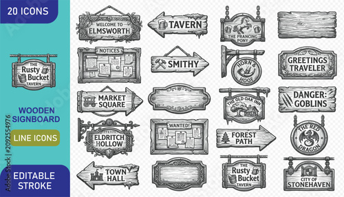 Foto Set of detailed fantasy wooden signboards and medieval tavern signs for rpg game