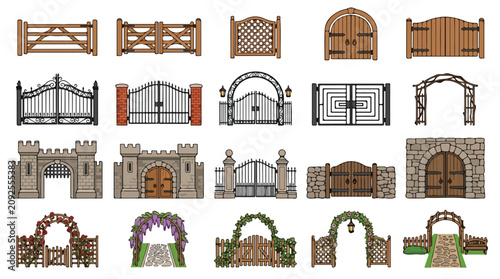 Traditional garden gates and entrance doors collection, 20 vector icons of wooden fences and metal gates, medieval castle stone portals and floral arches
