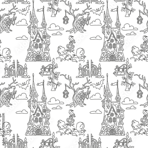 Seamless pattern with a fairytale mystical castle in a Halloween theme in line art. Perfect for wrapping paper, packaging, clothing fabric prints, festive promotions, social media, event invitations.