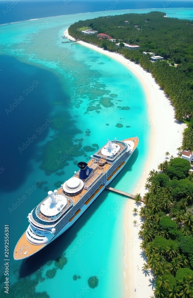Fototapeta premium Large cruise liner stops at tropical island pier. White sand beach, palm trees, clear turquoise water visible from above. Peaceful vacation scenery with ocean transport.