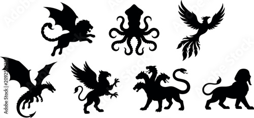 Quadro su tela Mythical creatures silhouettes set of legendary monsters dragon griffin phoenix