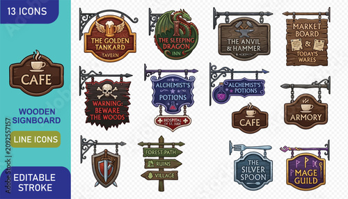 Принти на полотні Fantasy medieval wooden signboard collection for RPG games featuring taverns and