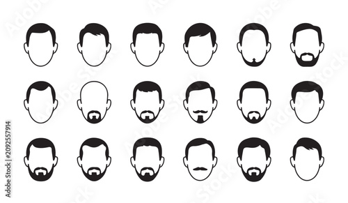 Male face avatar collection showcasing different beard styles and haircut designs set icons.