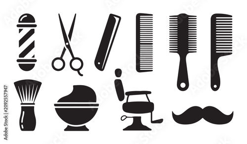 Photos Barber salon tools icons set featuring pole razor chair brush and variety of hair combs now