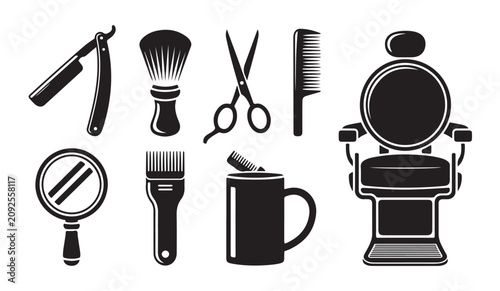 Hairdresser tools icons for barbershop design with barber chair razor and shaving brushes.