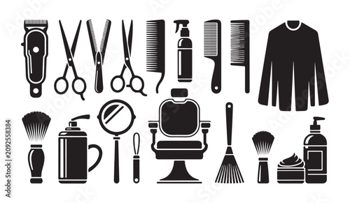 Fotografía Complete barbershop tool collection with clippers scissors combs chair and hair care items