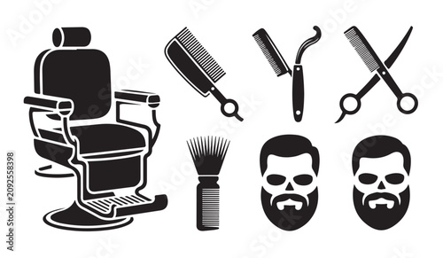 Photos Barbershop equipment set featuring vintage chair razor comb shears and bearded male faces