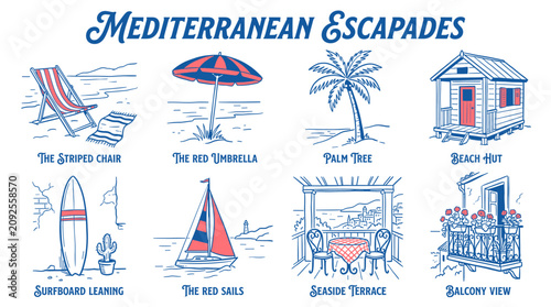 Obraz na plátně Vintage Mediterranean summer travel icon set with sailboat surfboard and beach h